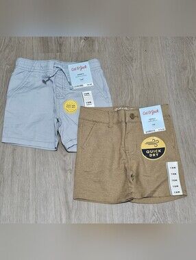 Cat & Jack Boys 18M Shorts Lot 2 Quick Dry Khaki Blue Adjustable Waist NWT